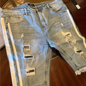 Mens Blue Jean Shorts - White Striped Jeans